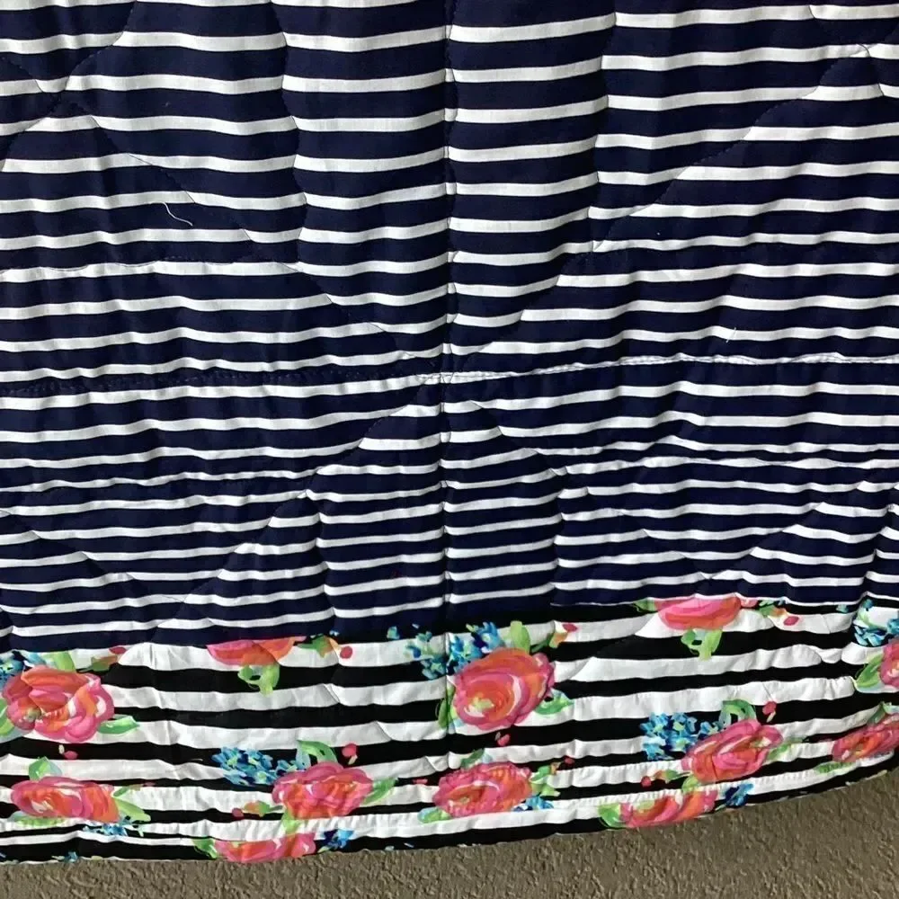 NWT. Hand Crafted Pink and Black Striped With Roses Floral Quilt